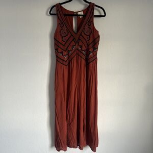 Anthropologie Maeve Desert Jumpsuit Rust Embroidered Boho One-Piece Sz 10